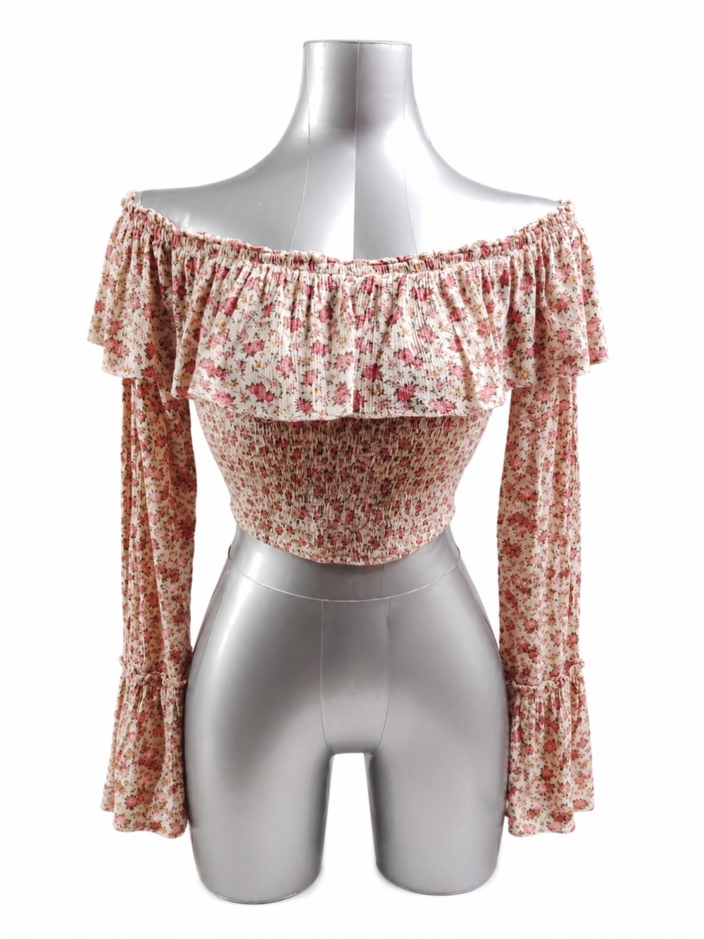 Urban Outfitters Kimchi Blue Floral Off Shoulder Smocked Crop Top Large - Picture 2 of 7